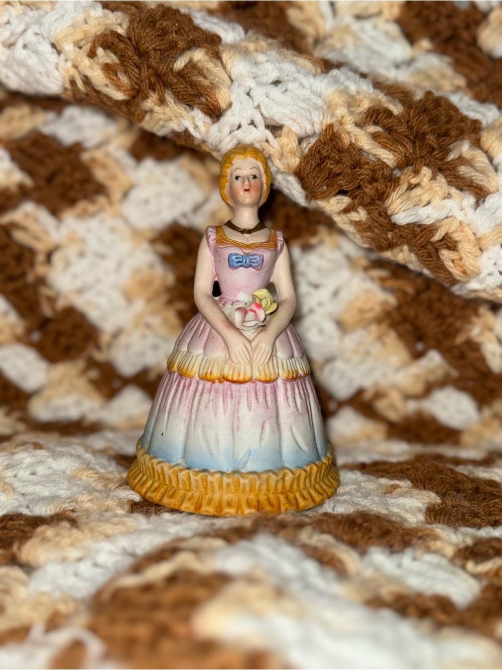 Vintage Porcelain Victorian/Southern Belle Lady Bell in Pink, Blue and Yellow